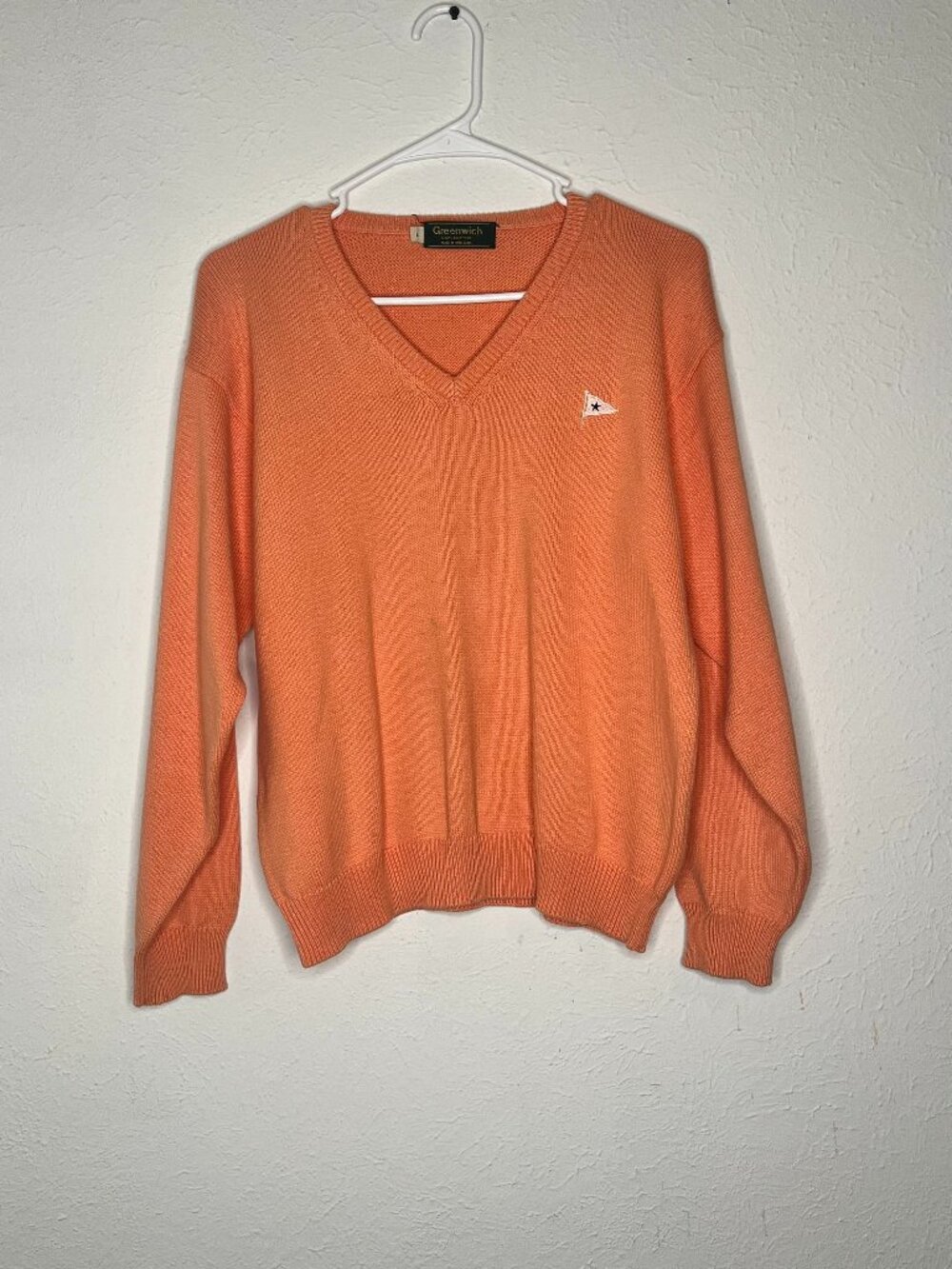 Vintage Women's Greenwich Orange 100% Cotton Knit Sweater V-neck Size large